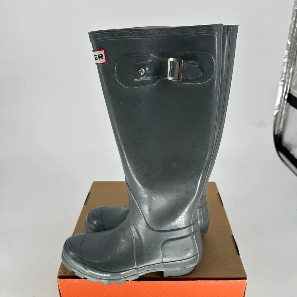 Hunter Tall Glossy Gray Side Buckles‎ Rain Boots Waterproof Women's 37 USA 6